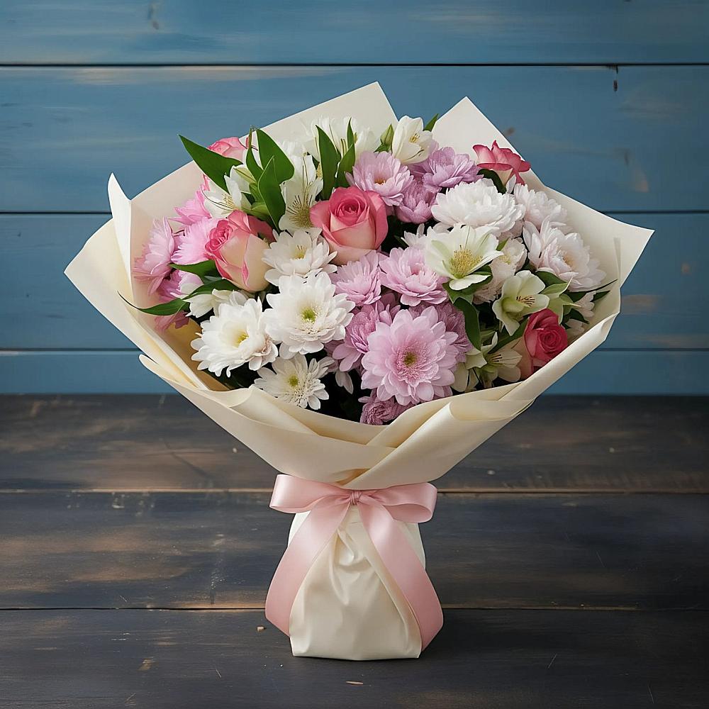 Букет цветов из: Хризантемы, Альстромерии и Розы в Барсуках